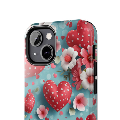 Pink White Flowers Red Hearts Digital print Design Tough Phone Case compatible with a large variety of iPhone models, Gift, Phone Case