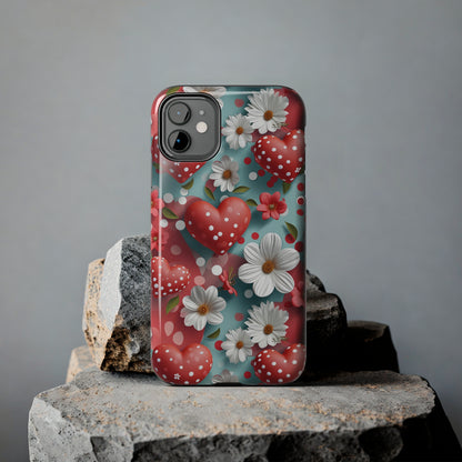 White Flowers Red Polka Dot Hearts Digital print Design Tough Phone Case compatible with a large variety of iPhone models, Gift, Phone Case