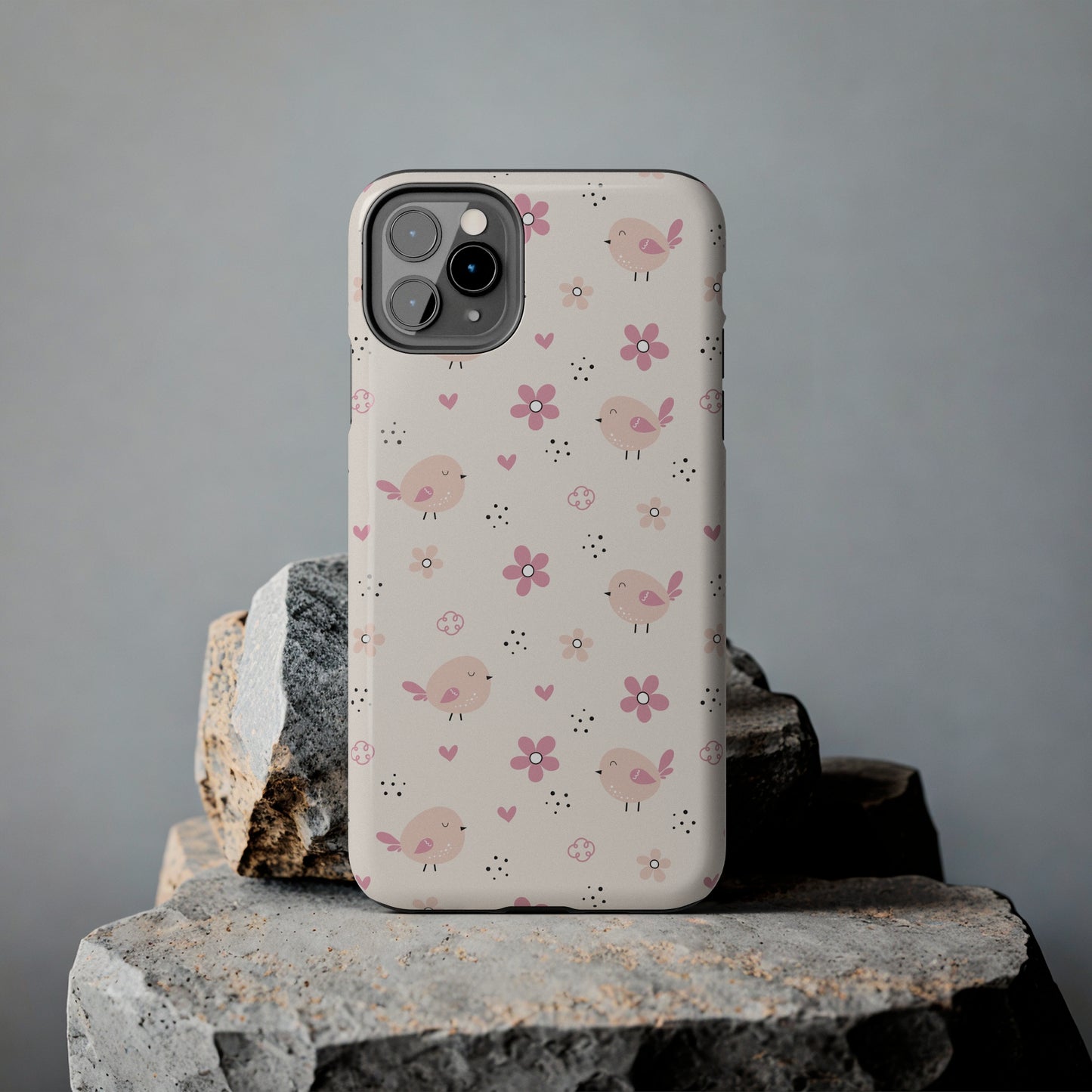 Cute Pink Birds and Flowers print design Tough Phone Case compatible with a large variety of iphone models