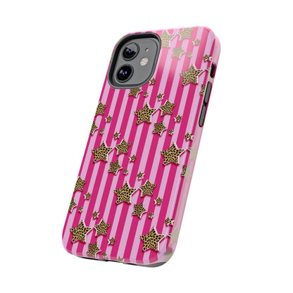 Girly Cheetah Stars and Pink Stripes Design Phone Case- Lightweight, Impact Resistant Cover for iPhone 6, 6s, 12, 13, 14, 15