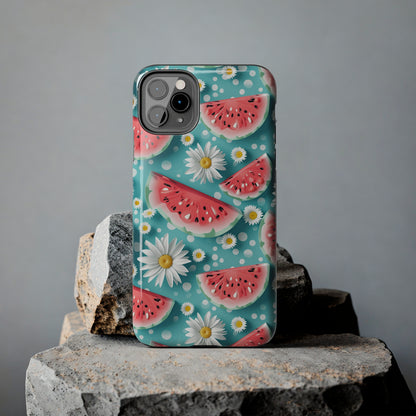 Watermelon Slices and Daisies Digital print Design Tough Phone Case compatible with a large variety of iPhone models, Gift, Phone Case