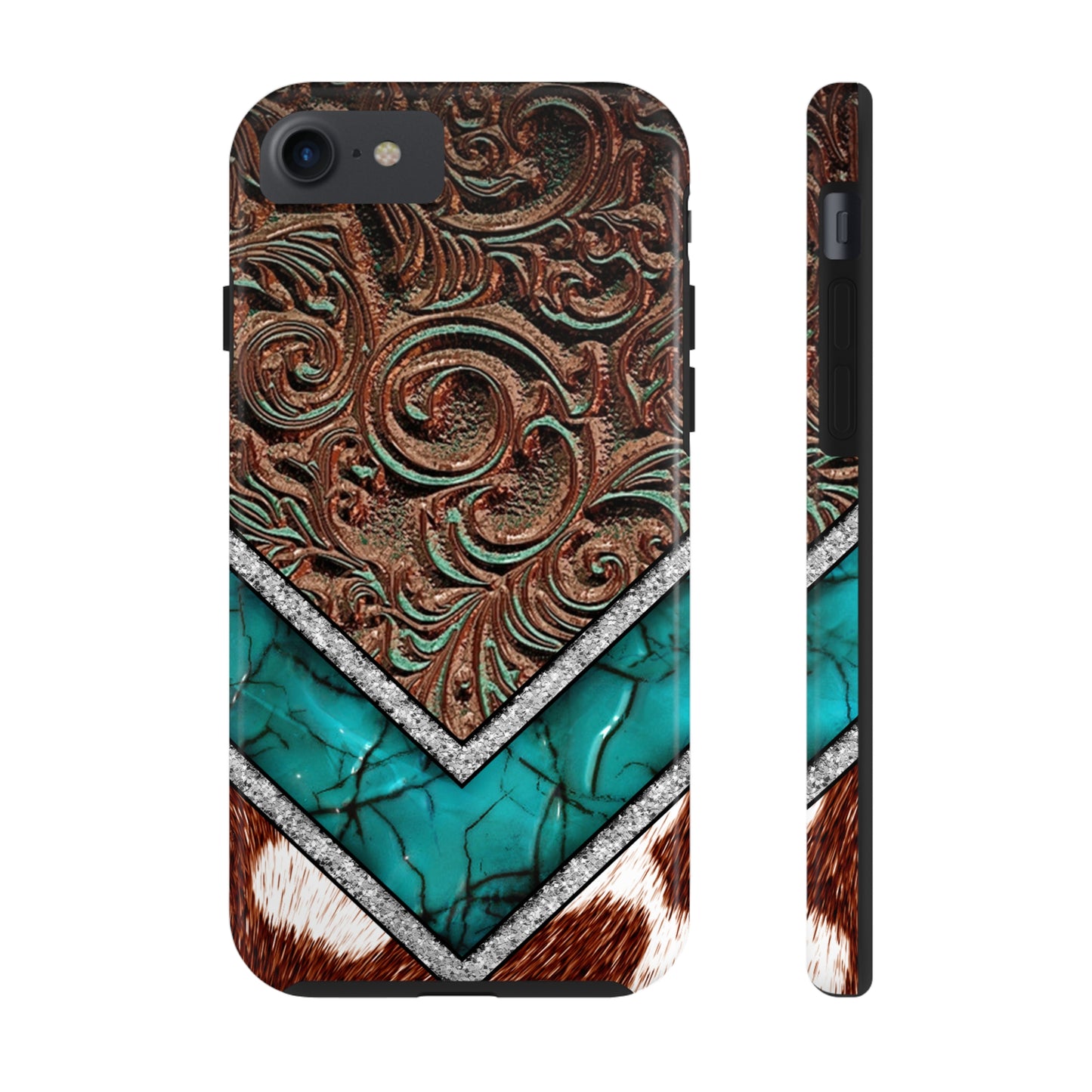 Western Cow Print, Faux Turquoise and Leather Digital print design Phone Case- Lightweight, Impact Resistant Cover for iPhone 6, 6s, 12, 13, 14, 15