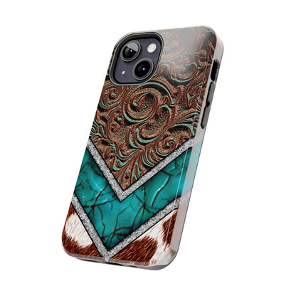 Western Cow Print, Faux Turquoise and Leather Digital print design Phone Case- Lightweight, Impact Resistant Cover for iPhone 6, 6s, 12, 13, 14, 15