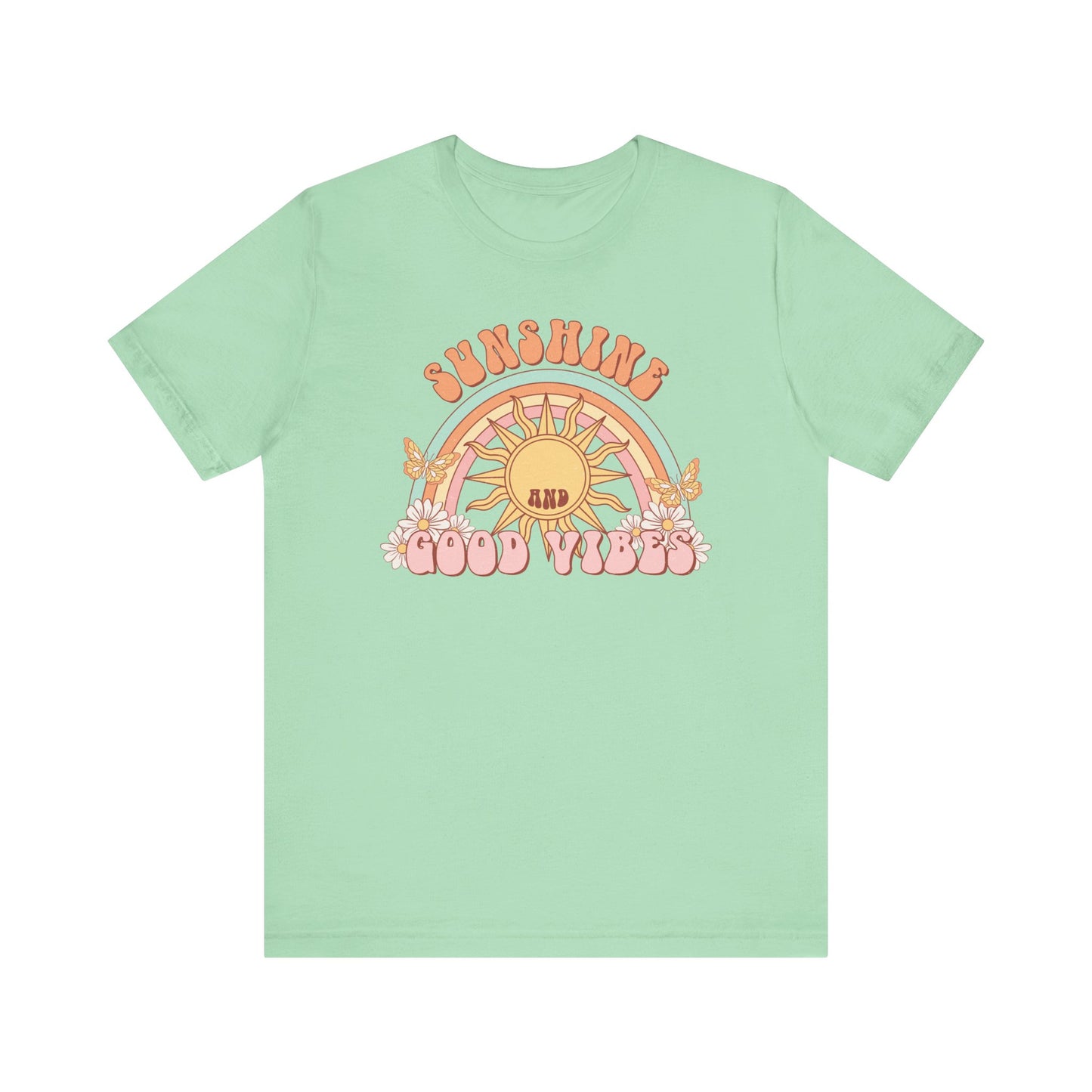 Retro Sunshine and Good Vibes Graphic Tee, Vintage Style T-Shirt, Summer Festival Casual Top, Boho Rainbow Shirt