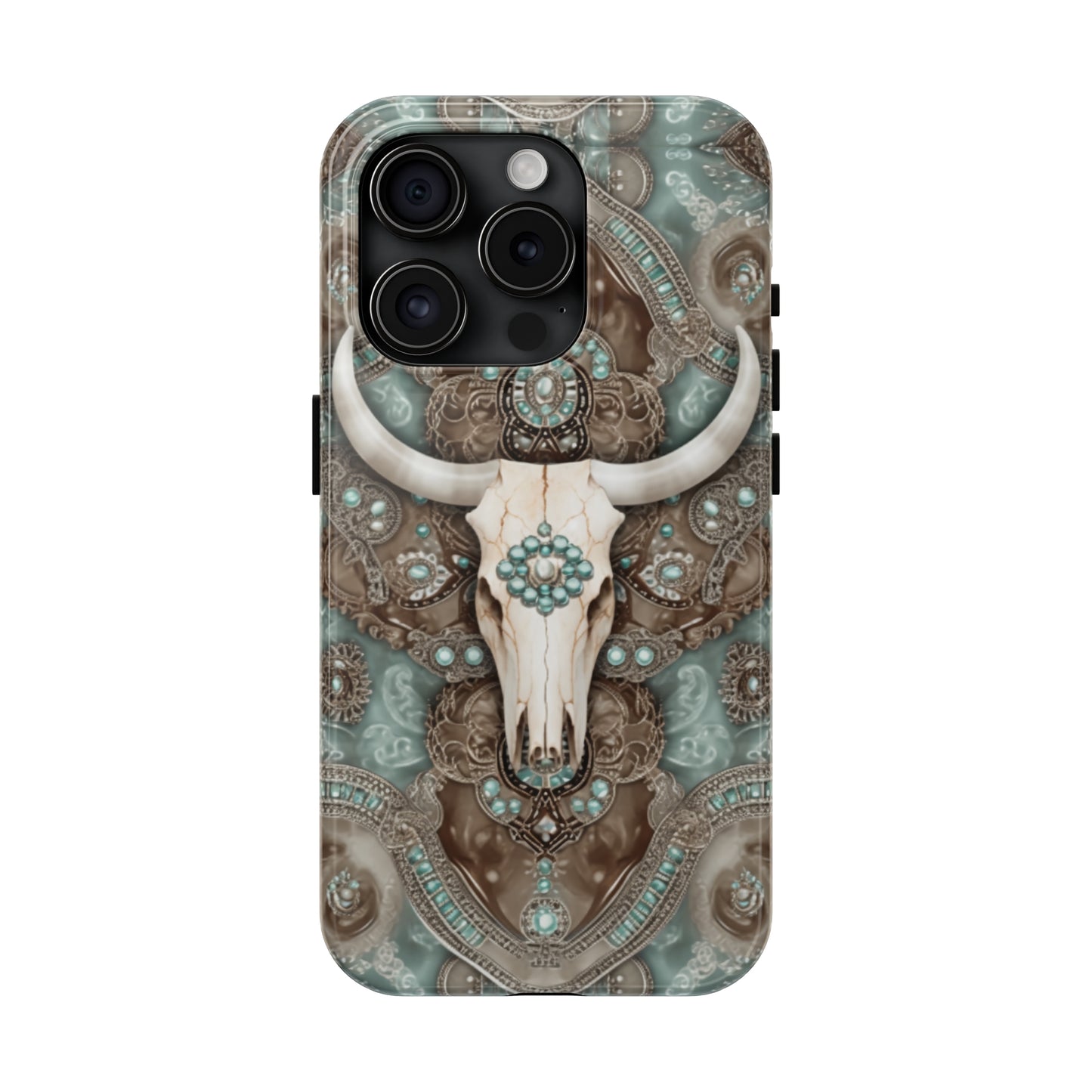 Western Cow Skull and Turquoise print design Phone Case- Lightweight, Impact Resistant Cover for iPhone 6, 6s, 12, 13, 14, 15