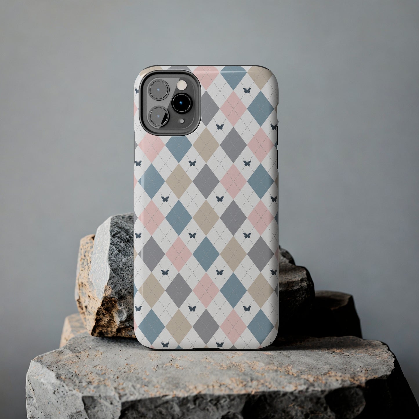 Argyle Pastel Plaid and Butterflies print design Tough Phone Case compatible with a large variety of iphone models