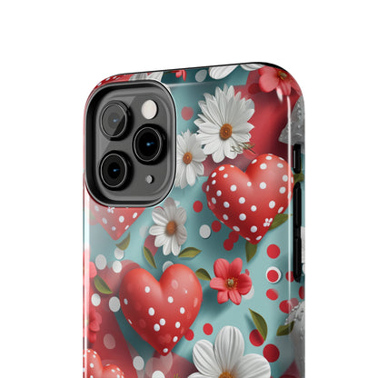 White Flowers Red Polka Dot Hearts Digital print Design Tough Phone Case compatible with a large variety of iPhone models, Gift, Phone Case