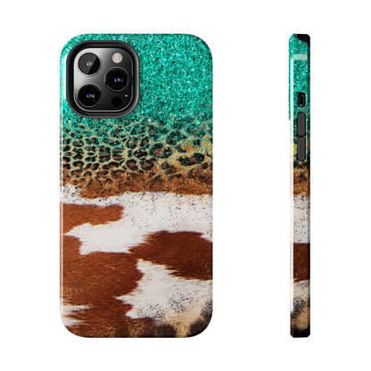 Western Cow Print, Teal, and Leopard print Design Phone Case- Lightweight, Impact Resistant Cover for iPhone 6, 6s, 12, 13, 14, 15