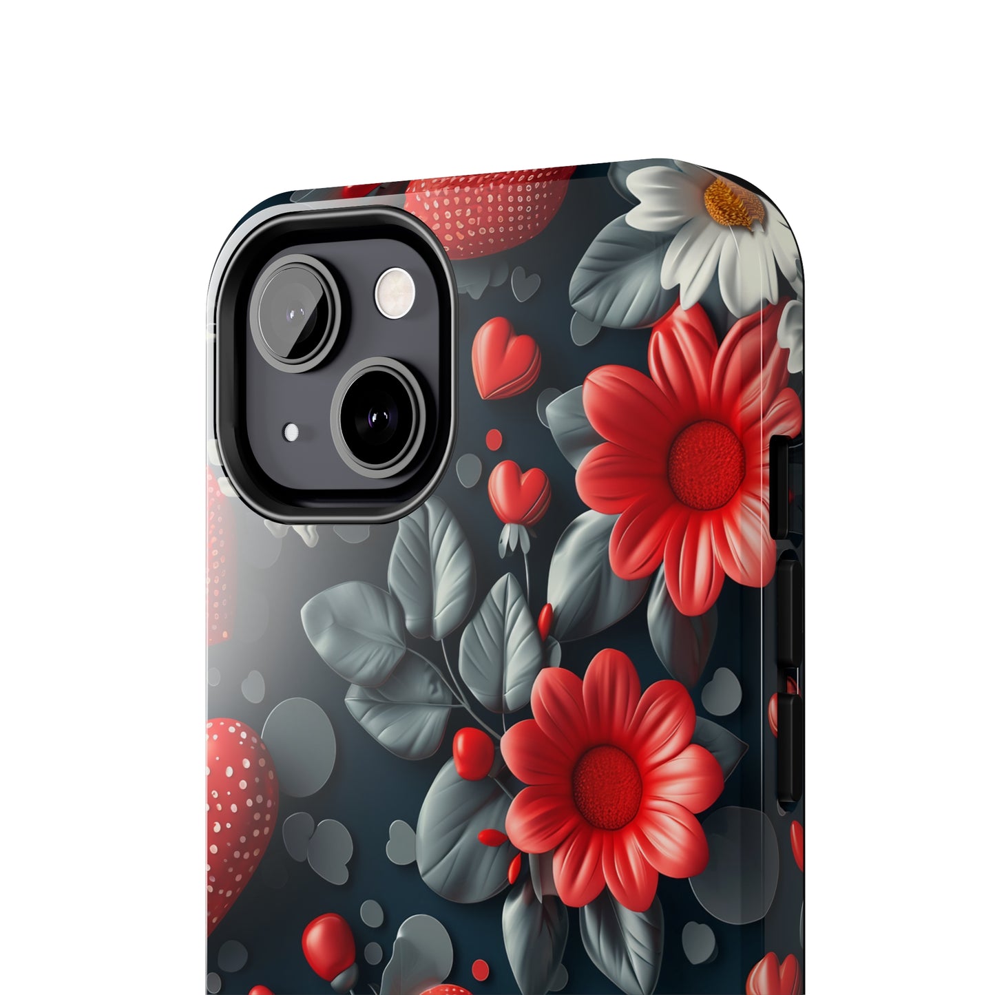 3D Flowers and Red Hearts Digital print Design Tough Phone Case compatible with a large variety of iPhone models, Gift, Phone Case