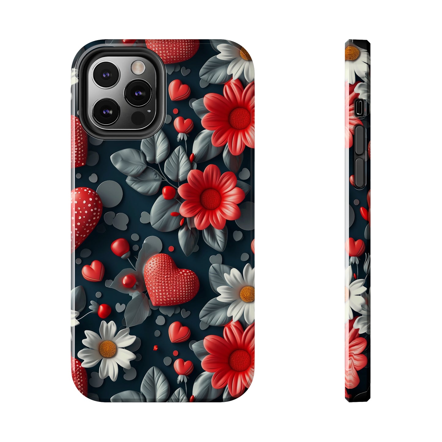 3D Flowers and Red Hearts Digital print Design Tough Phone Case compatible with a large variety of iPhone models, Gift, Phone Case