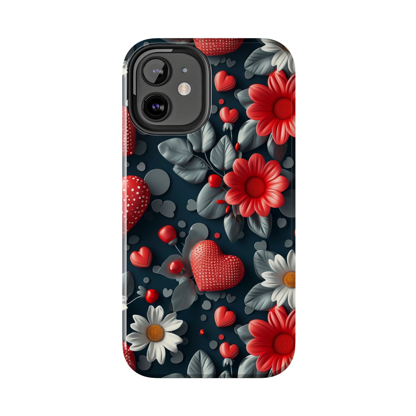 3D Flowers and Red Hearts Digital print Design Tough Phone Case compatible with a large variety of iPhone models, Gift, Phone Case