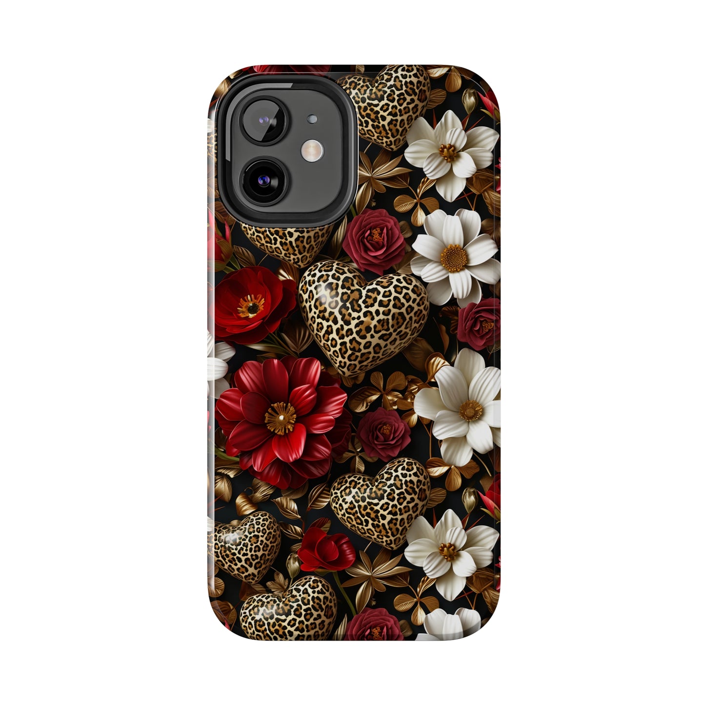 Red Gold Flowers Leopard Hearts Digital print Design Tough Phone Case compatible with a large variety of iPhone models, Gift, Phone Case