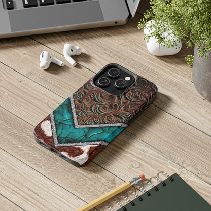 Western Cow Print, Faux Turquoise and Leather Digital print design Phone Case- Lightweight, Impact Resistant Cover for iPhone 6, 6s, 12, 13, 14, 15