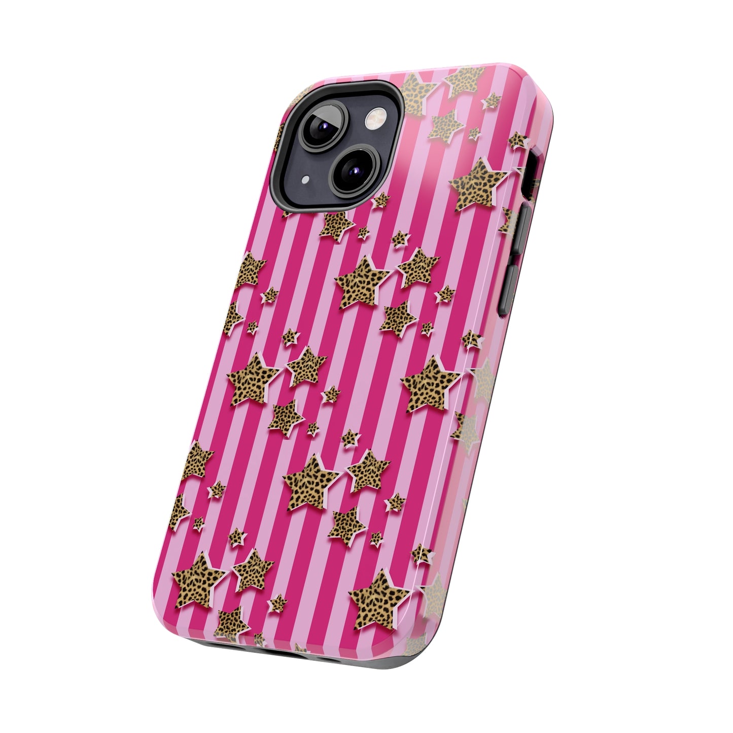 Girly Cheetah Stars and Pink Stripes Design Phone Case- Lightweight, Impact Resistant Cover for iPhone 6, 6s, 12, 13, 14, 15