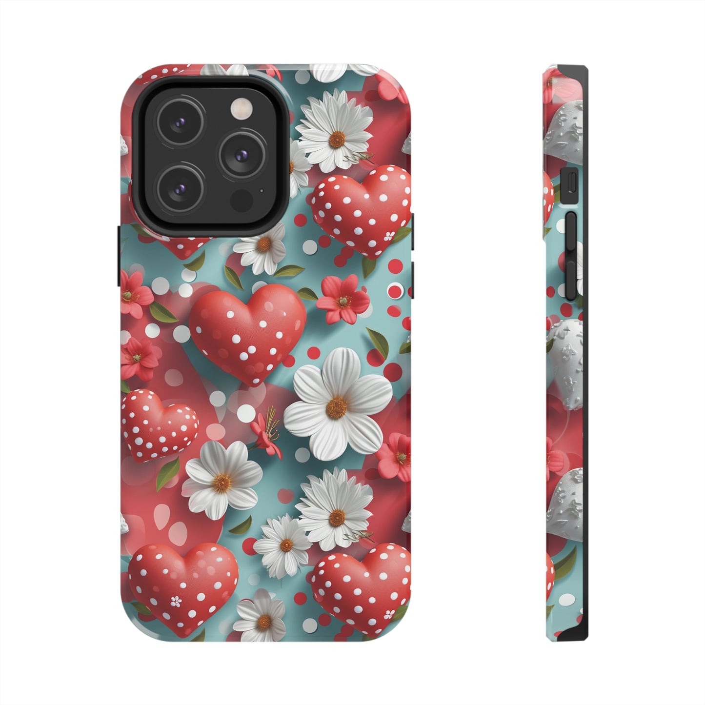 White Flowers Red Polka Dot Hearts Digital print Design Tough Phone Case compatible with a large variety of iPhone models, Gift, Phone Case