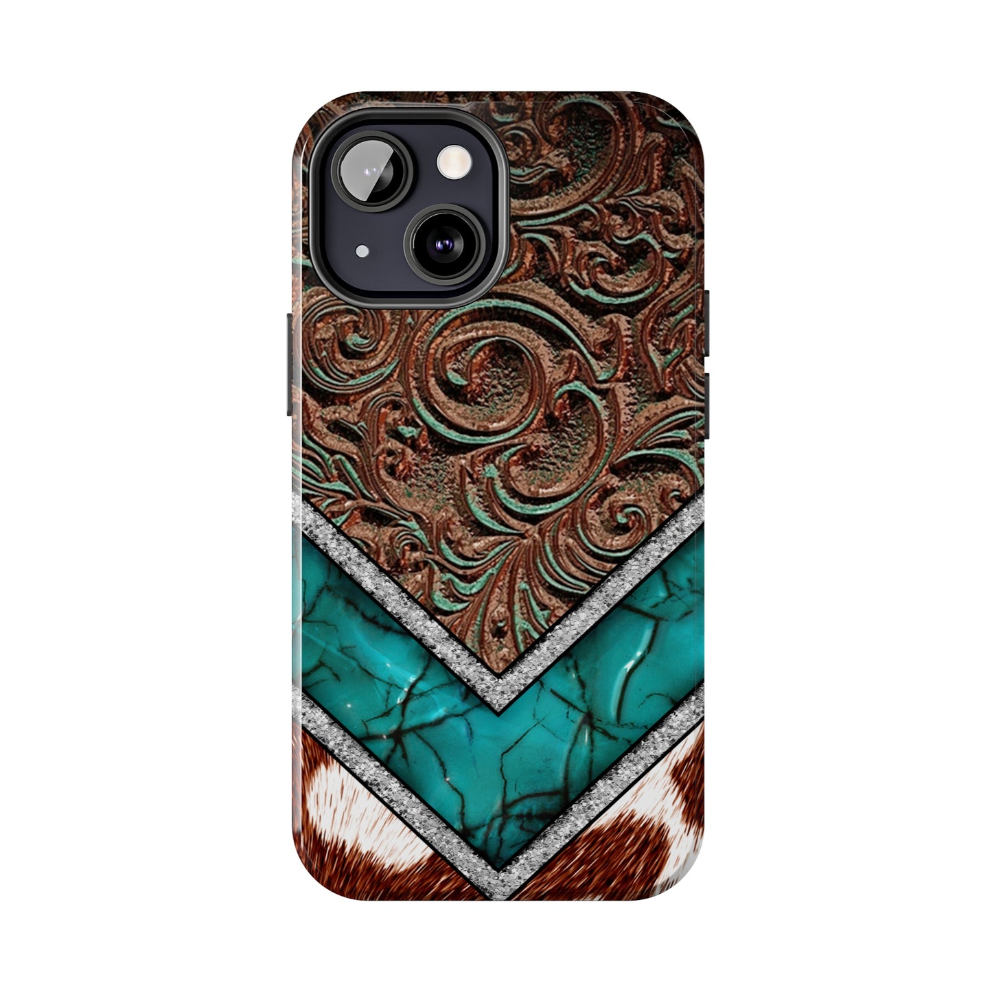 Western Cow Print, Faux Turquoise and Leather Digital print design Phone Case- Lightweight, Impact Resistant Cover for iPhone 6, 6s, 12, 13, 14, 15