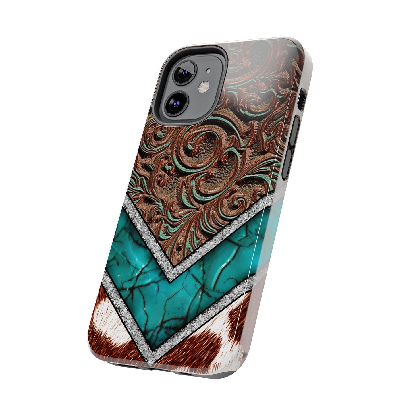 Western Cow Print, Faux Turquoise and Leather Digital print design Phone Case- Lightweight, Impact Resistant Cover for iPhone 6, 6s, 12, 13, 14, 15