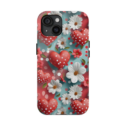 White Flowers Red Polka Dot Hearts Digital print Design Tough Phone Case compatible with a large variety of iPhone models, Gift, Phone Case