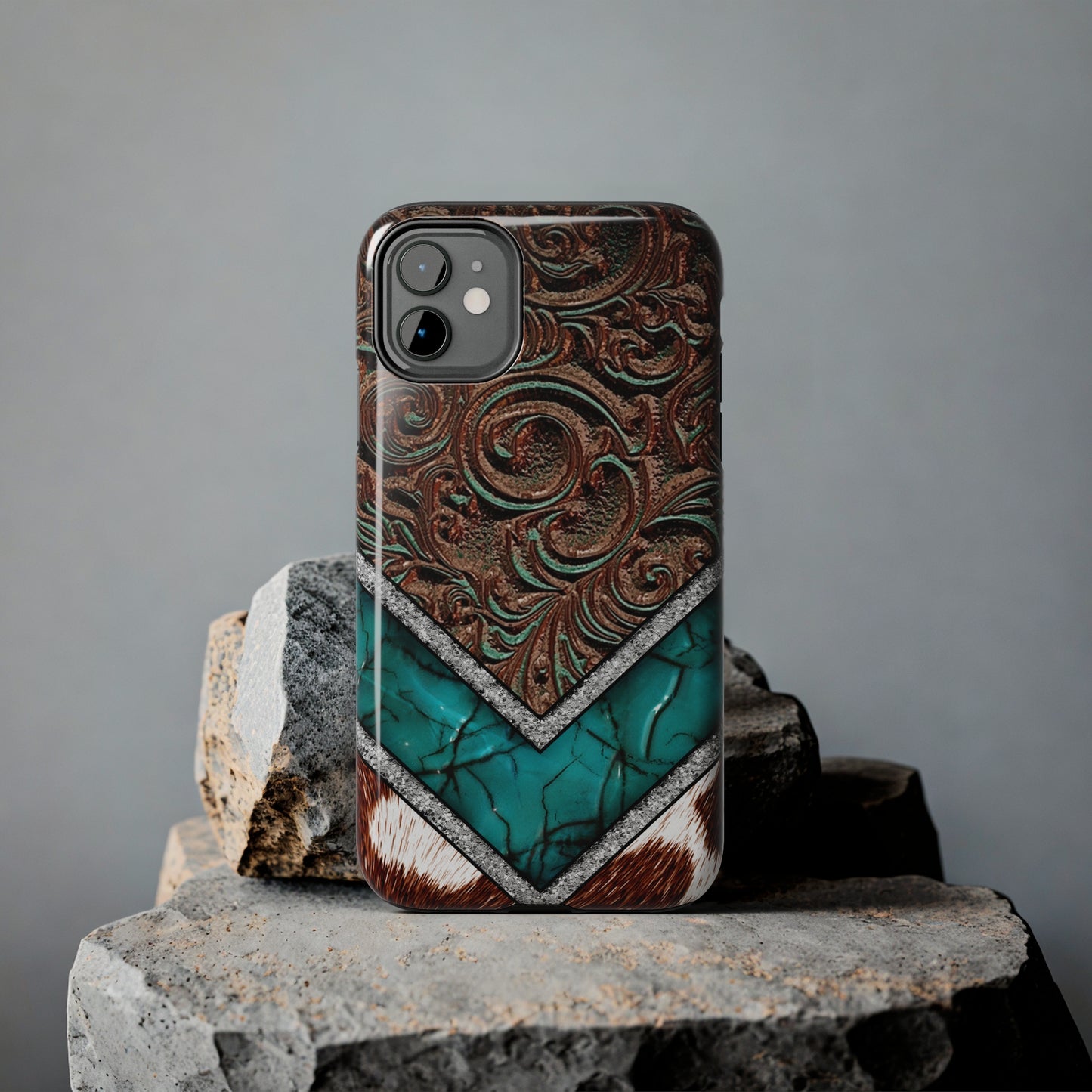 Western Cow Print, Faux Turquoise and Leather Digital print design Phone Case- Lightweight, Impact Resistant Cover for iPhone 6, 6s, 12, 13, 14, 15