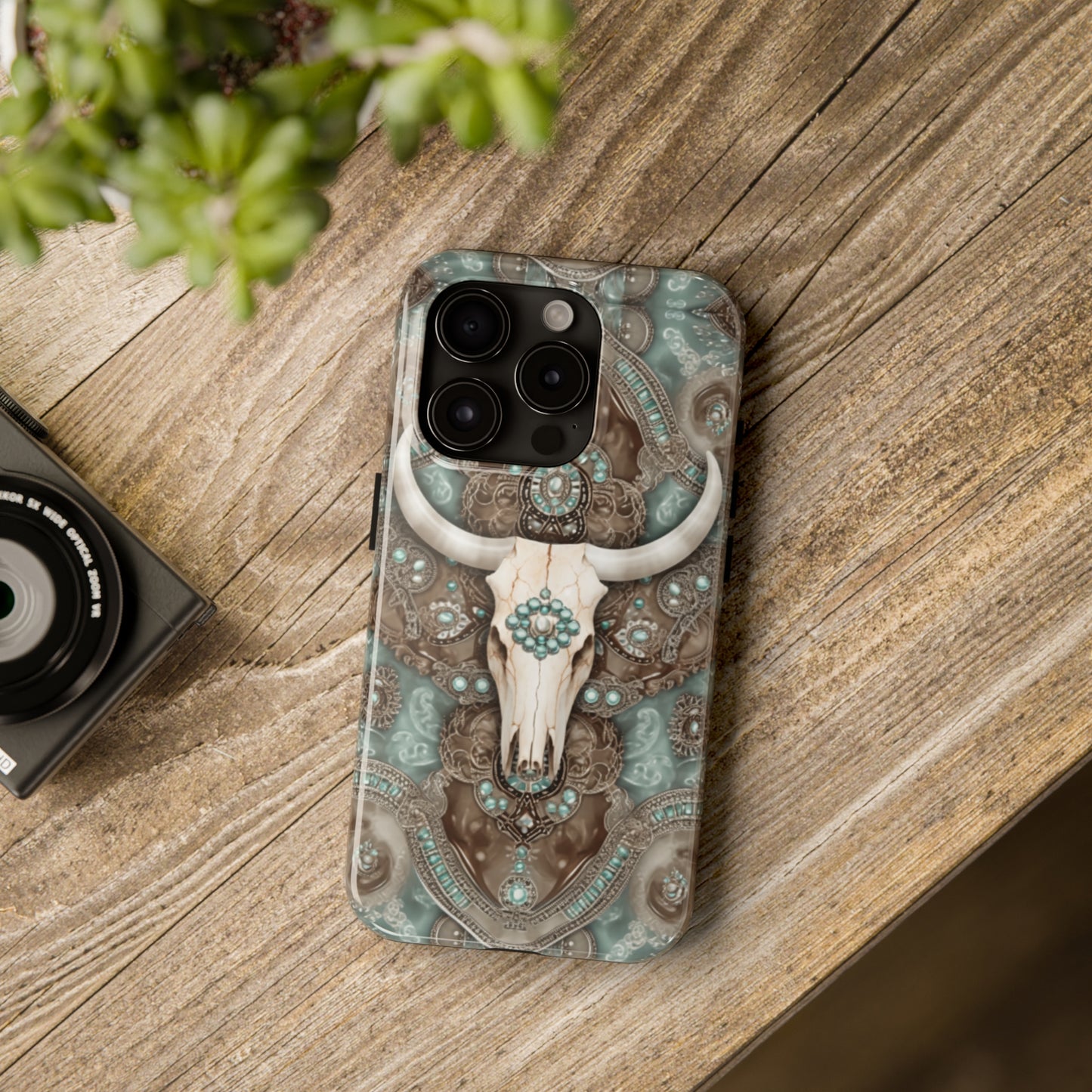 Western Cow Skull and Turquoise print design Phone Case- Lightweight, Impact Resistant Cover for iPhone 6, 6s, 12, 13, 14, 15