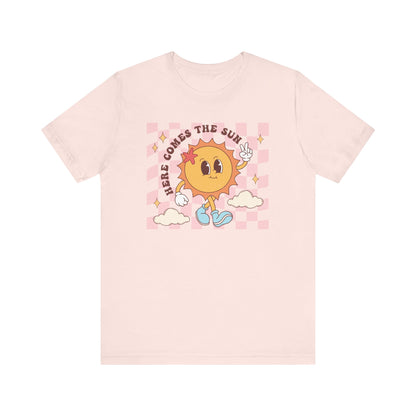 Cute Sunshine Graphic T-Shirt, Here Comes the Sun Fun Cartoon Tee, Unisex Summer Beach Shirt, Casual Fashion Top