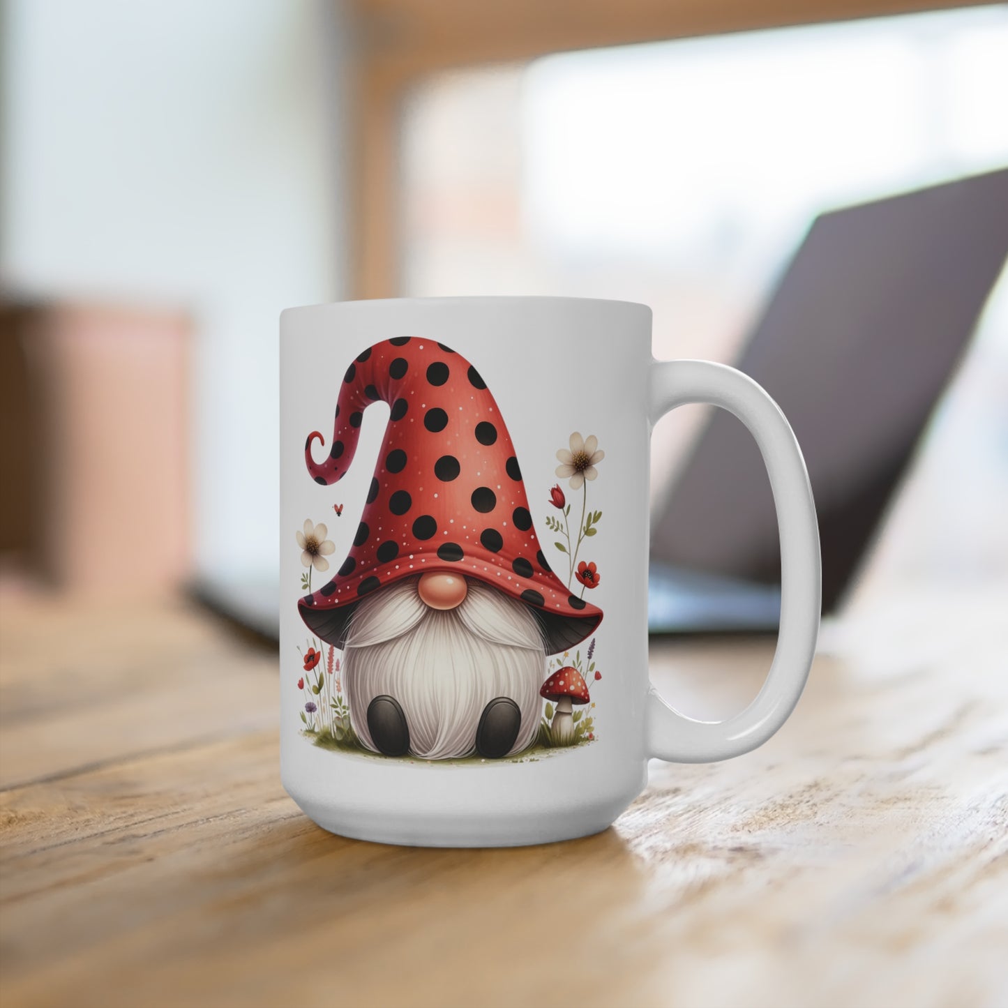 Whimsical Garden Gnome Mug, Red Polka Dot Hat, Cute Floral Coffee Cup, Unique Gift Idea, Mug 15oz
