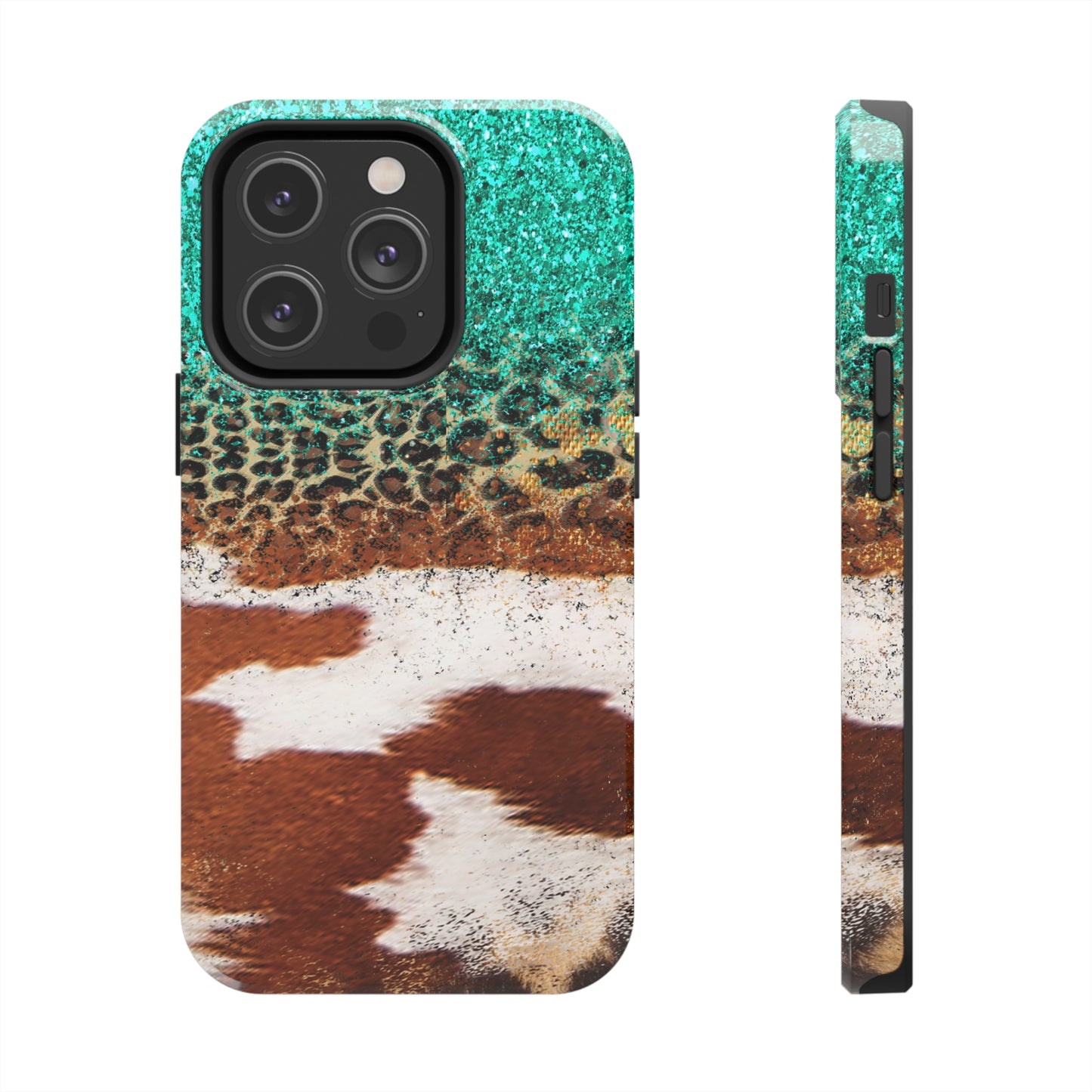 Western Cow Print, Teal, and Leopard print Design Phone Case- Lightweight, Impact Resistant Cover for iPhone 6, 6s, 12, 13, 14, 15