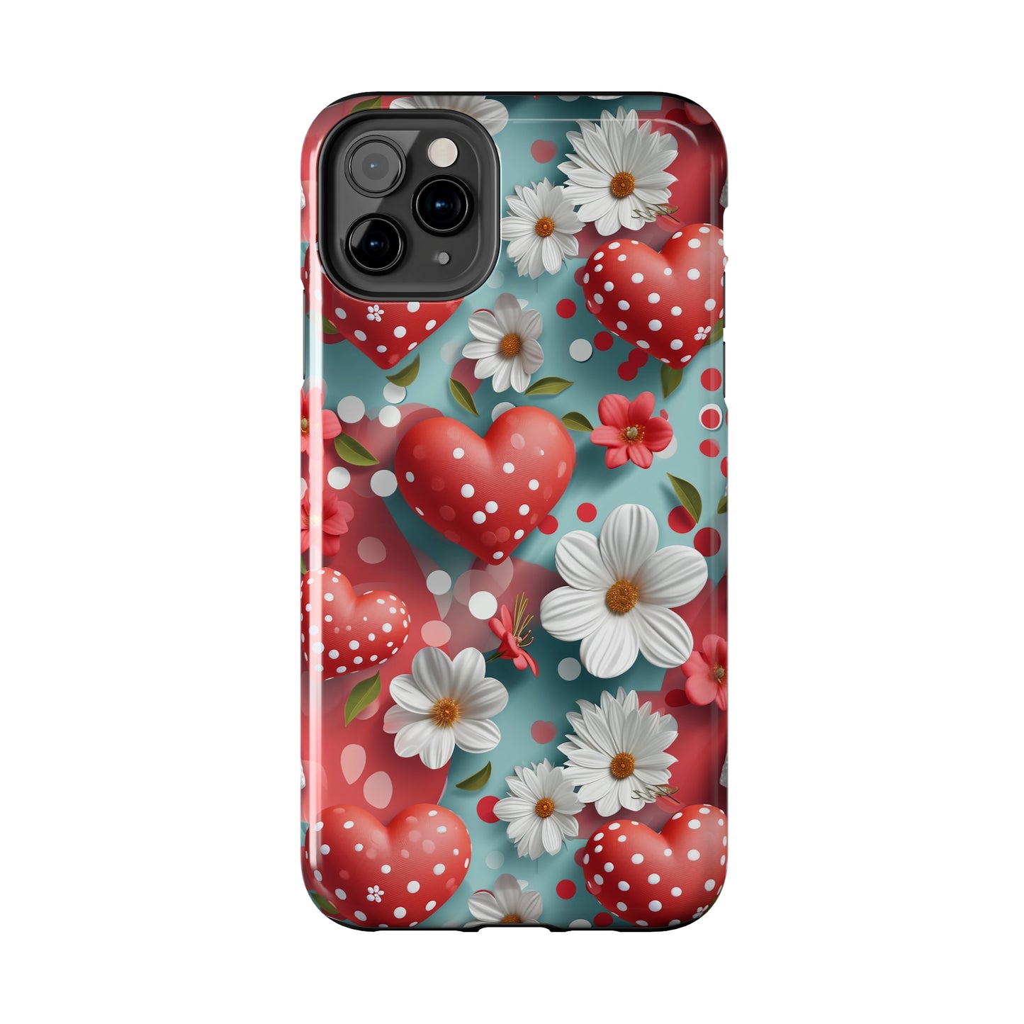 White Flowers Red Polka Dot Hearts Digital print Design Tough Phone Case compatible with a large variety of iPhone models, Gift, Phone Case