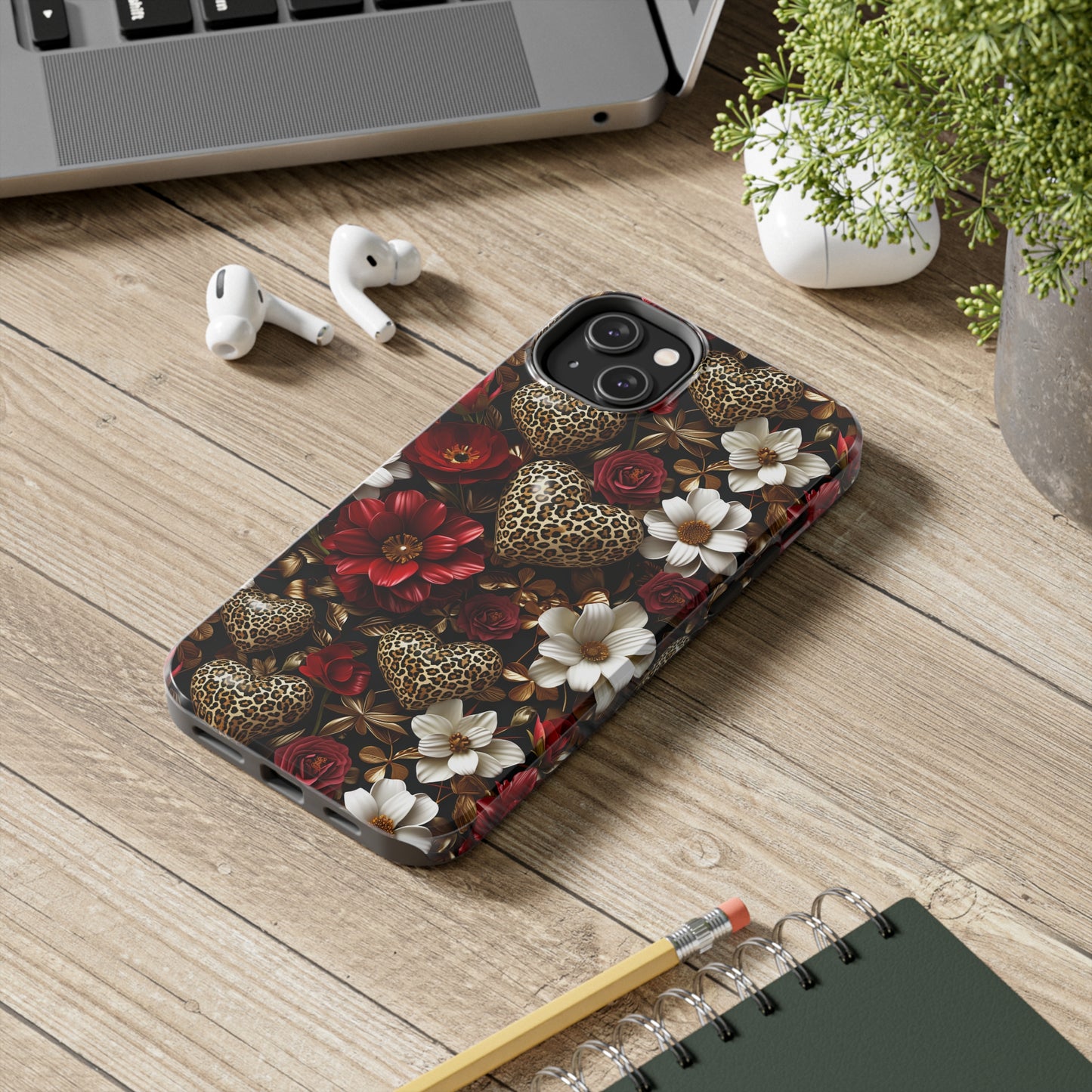 Red Gold Flowers Leopard Hearts Digital print Design Tough Phone Case compatible with a large variety of iPhone models, Gift, Phone Case