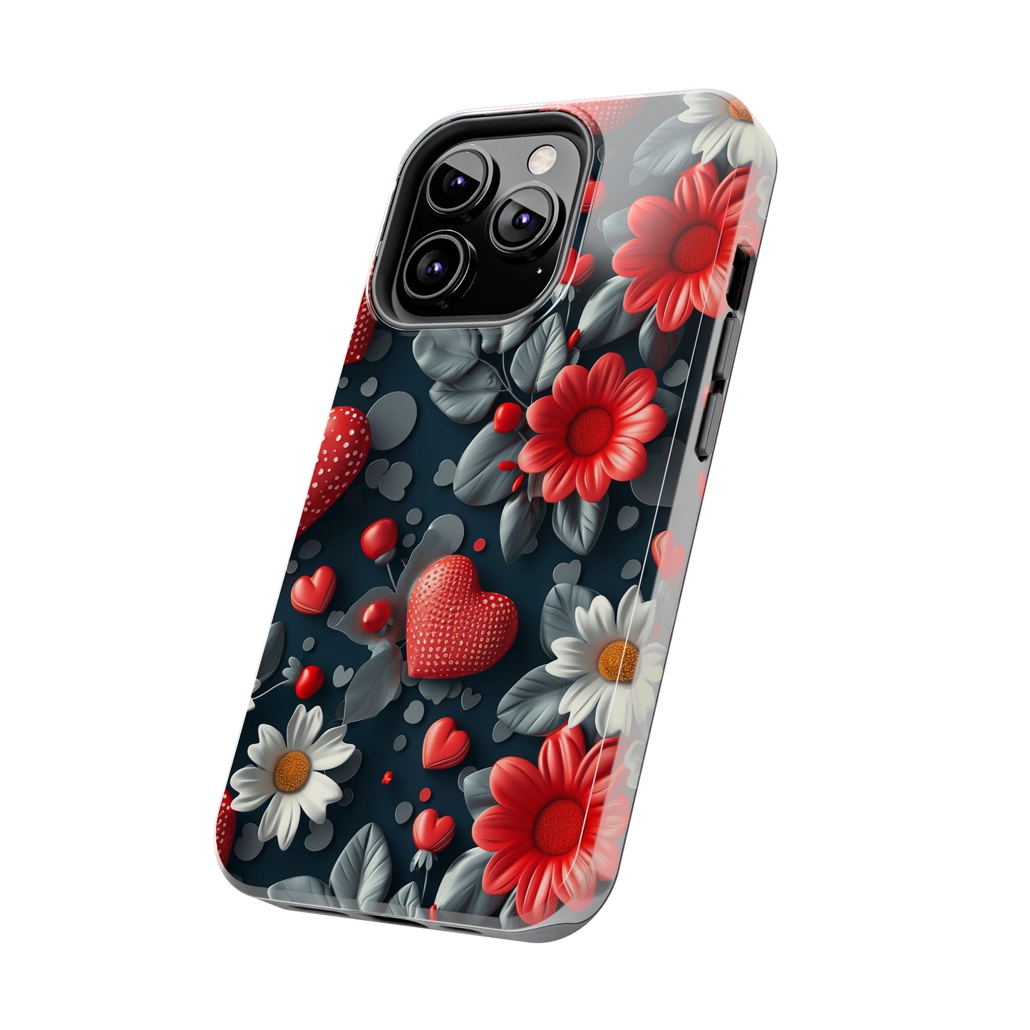 3D Flowers and Red Hearts Digital print Design Tough Phone Case compatible with a large variety of iPhone models, Gift, Phone Case