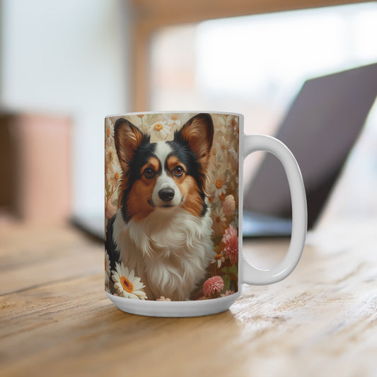Charming Corgi Dog Mug, Floral Background, Pet Lover Coffee Cup, Cute Animal Tea Mug, Unique Gift for Dog Owners, Flower Patterned Mug, Unique Drinkware, Unique Gift Idea, Mug 15oz