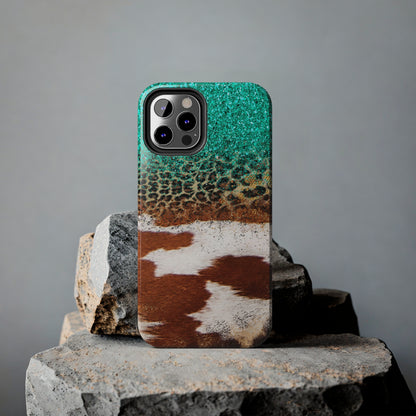 Western Cow Print, Teal, and Leopard print Design Phone Case- Lightweight, Impact Resistant Cover for iPhone 6, 6s, 12, 13, 14, 15