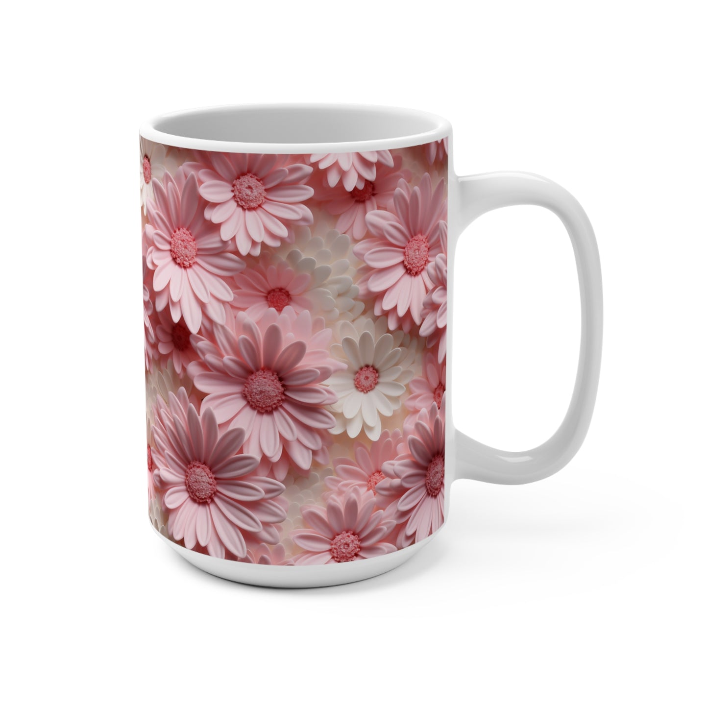 Floral Mug, Pink Daisy Print, Mother's Day Gift, Flowers Coffee Cup, Spring Bloom Kitchenware, Birthday Present, Cute Mug for Her, Unique Gift Idea, Mug 15oz
