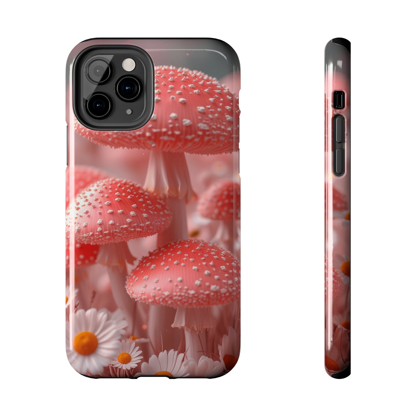 Whimsical Pink Mushrooms and Daisies Design Tough Phone Case compatible with a large variety of iPhone models, Gift, Phone Case