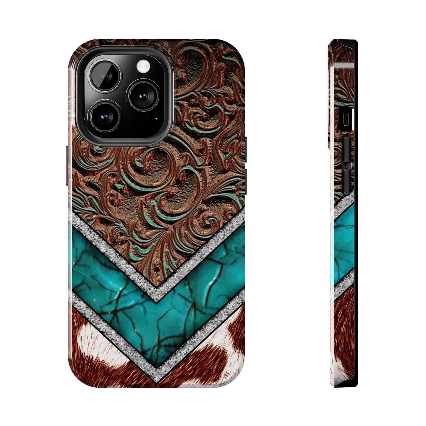 Western Cow Print, Faux Turquoise and Leather Digital print design Phone Case- Lightweight, Impact Resistant Cover for iPhone 6, 6s, 12, 13, 14, 15