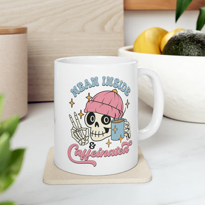 Funny Skull Coffee Mug, Mean Inside & Caffeinated Skull With Beanie, Quirky Office Mug, Unique Goth Skull Cup, Ceramic Mug, 11oz