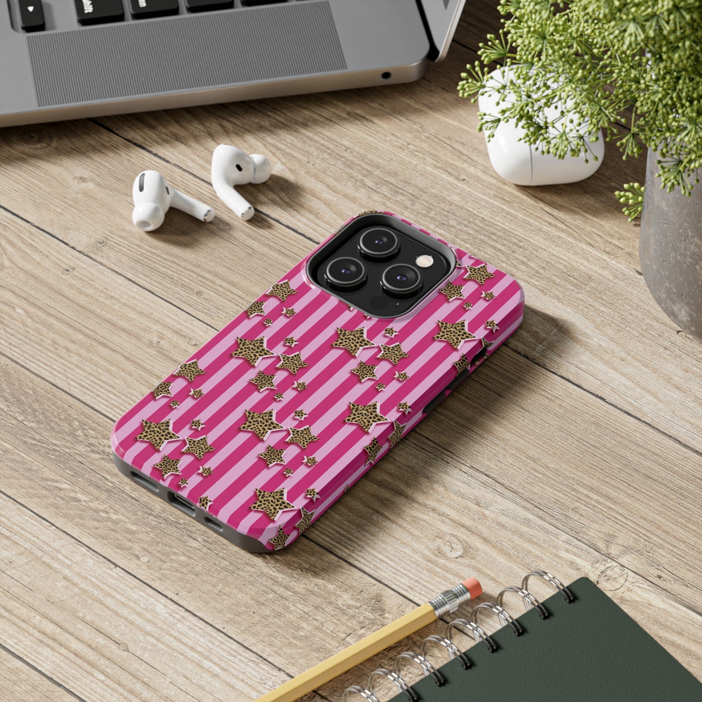 Girly Cheetah Stars and Pink Stripes Design Phone Case- Lightweight, Impact Resistant Cover for iPhone 6, 6s, 12, 13, 14, 15