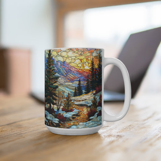 Stained Glass Style Scenic Mountain Landscape Mug, Artistic Nature Coffee Cup, Vibrant Stained Glass Design Drinkware Mug 15oz