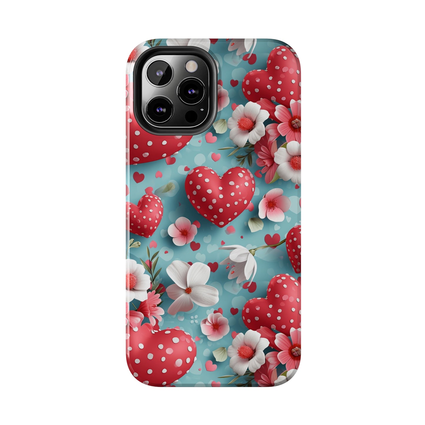 Pink White Flowers Red Hearts Digital print Design Tough Phone Case compatible with a large variety of iPhone models, Gift, Phone Case