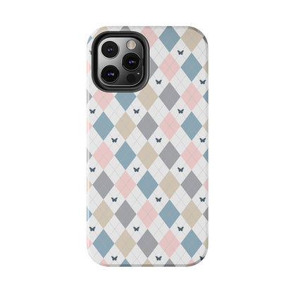 Argyle Pastel Plaid and Butterflies print design Tough Phone Case compatible with a large variety of iphone models