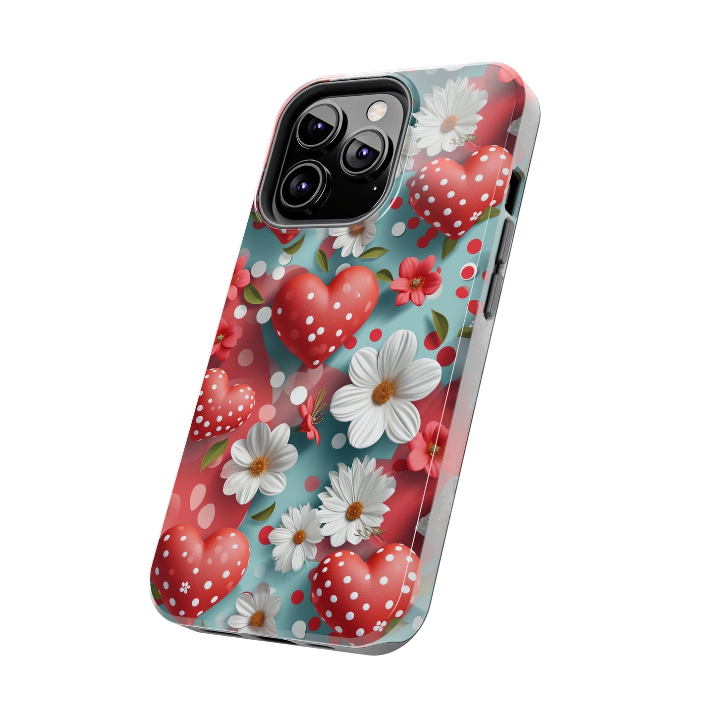 White Flowers Red Polka Dot Hearts Digital print Design Tough Phone Case compatible with a large variety of iPhone models, Gift, Phone Case