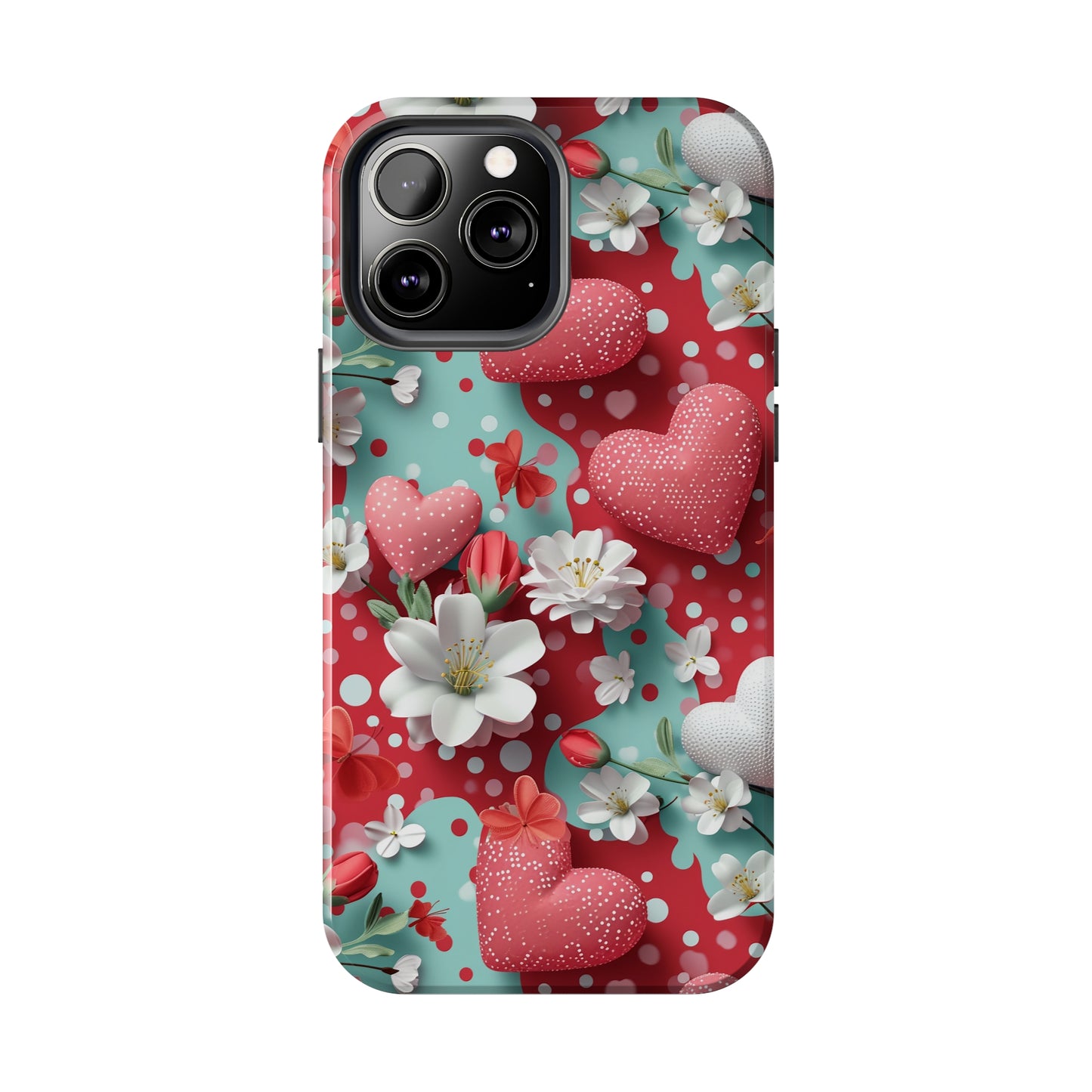 Polka Dot Hearts and Flowers Digital print Design Tough Phone Case compatible with a large variety of iPhone models, Gift, Phone Case