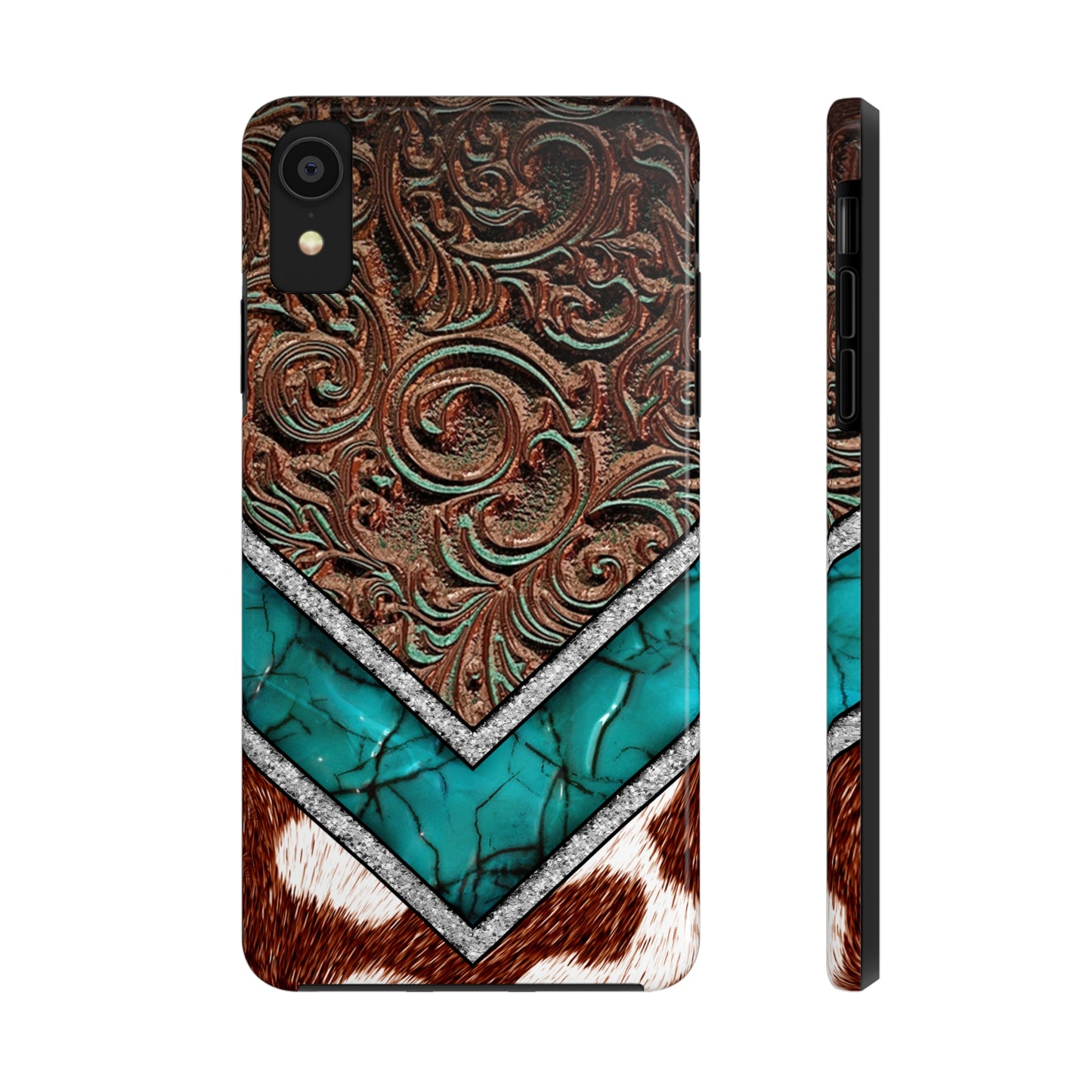 Western Cow Print, Faux Turquoise and Leather Digital print design Phone Case- Lightweight, Impact Resistant Cover for iPhone 6, 6s, 12, 13, 14, 15