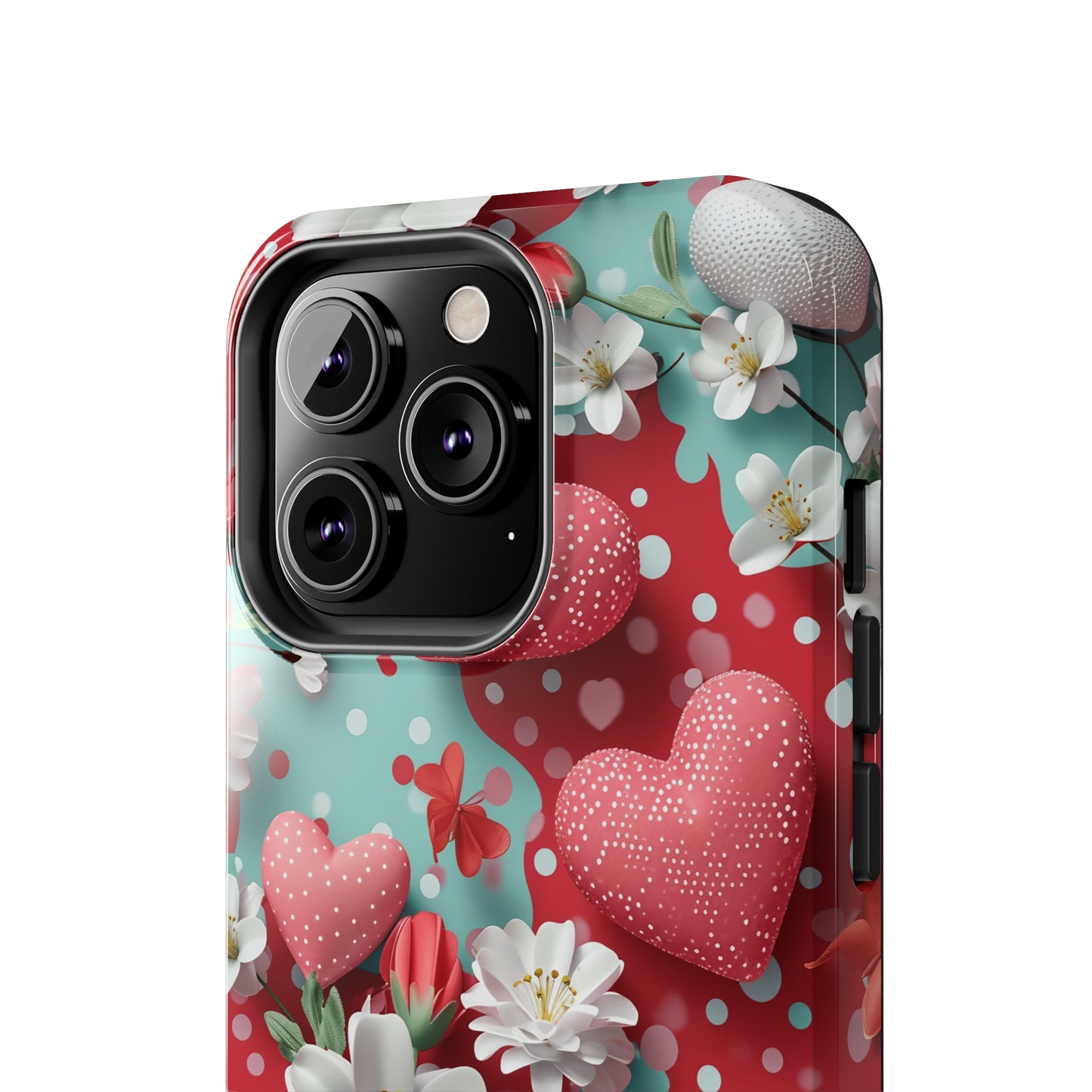 Polka Dot Hearts and Flowers Digital print Design Tough Phone Case compatible with a large variety of iPhone models, Gift, Phone Case