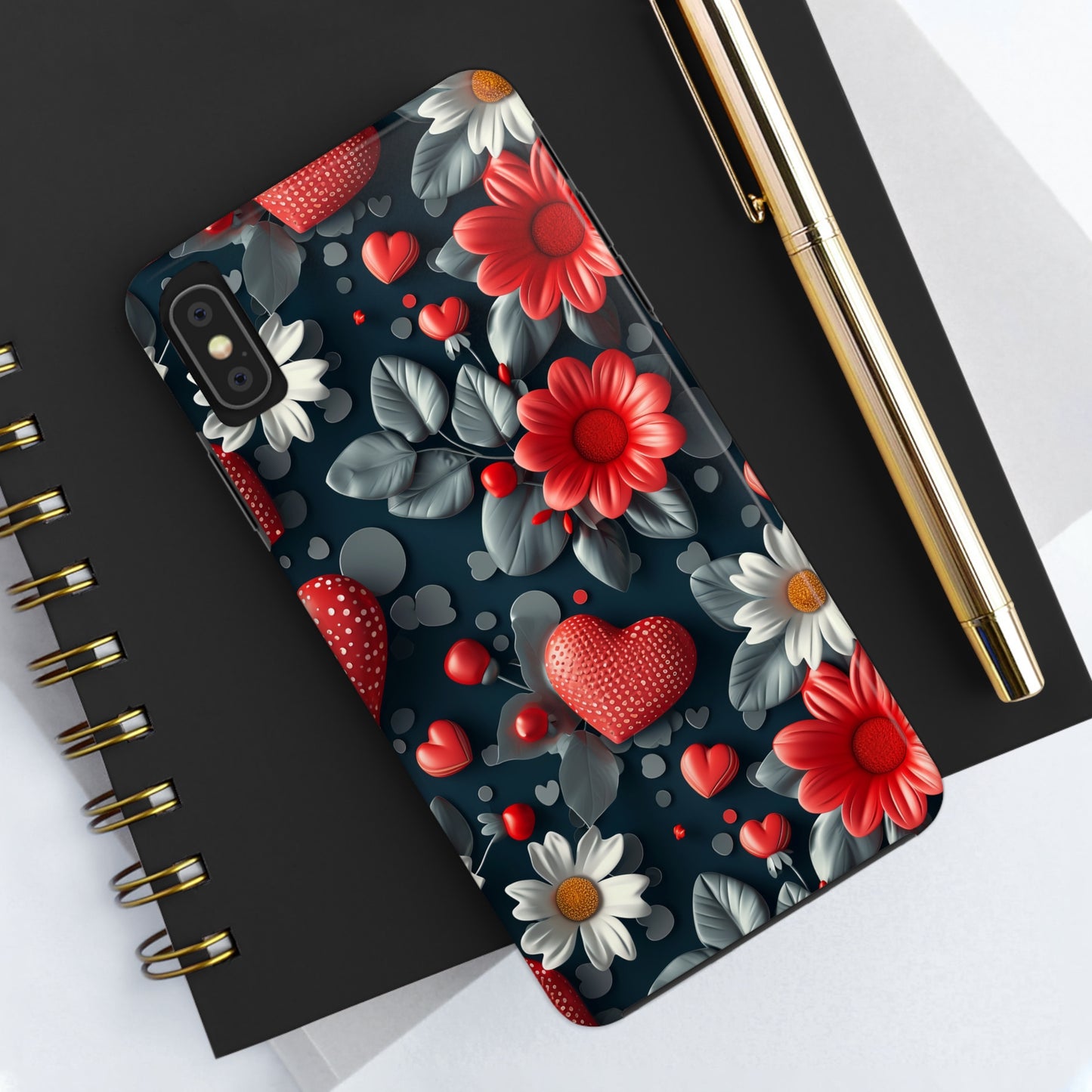 3D Flowers and Red Hearts Digital print Design Tough Phone Case compatible with a large variety of iPhone models, Gift, Phone Case