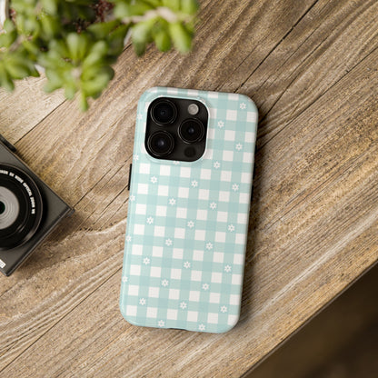 Cute Blue and White Gingham with Daisies Digital print Design Tough Phone Case compatible with a large variety of iPhone models, Gift, Phone Case