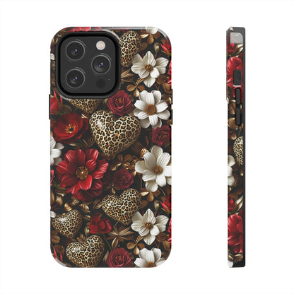 Red Gold Flowers Leopard Hearts Digital print Design Tough Phone Case compatible with a large variety of iPhone models, Gift, Phone Case