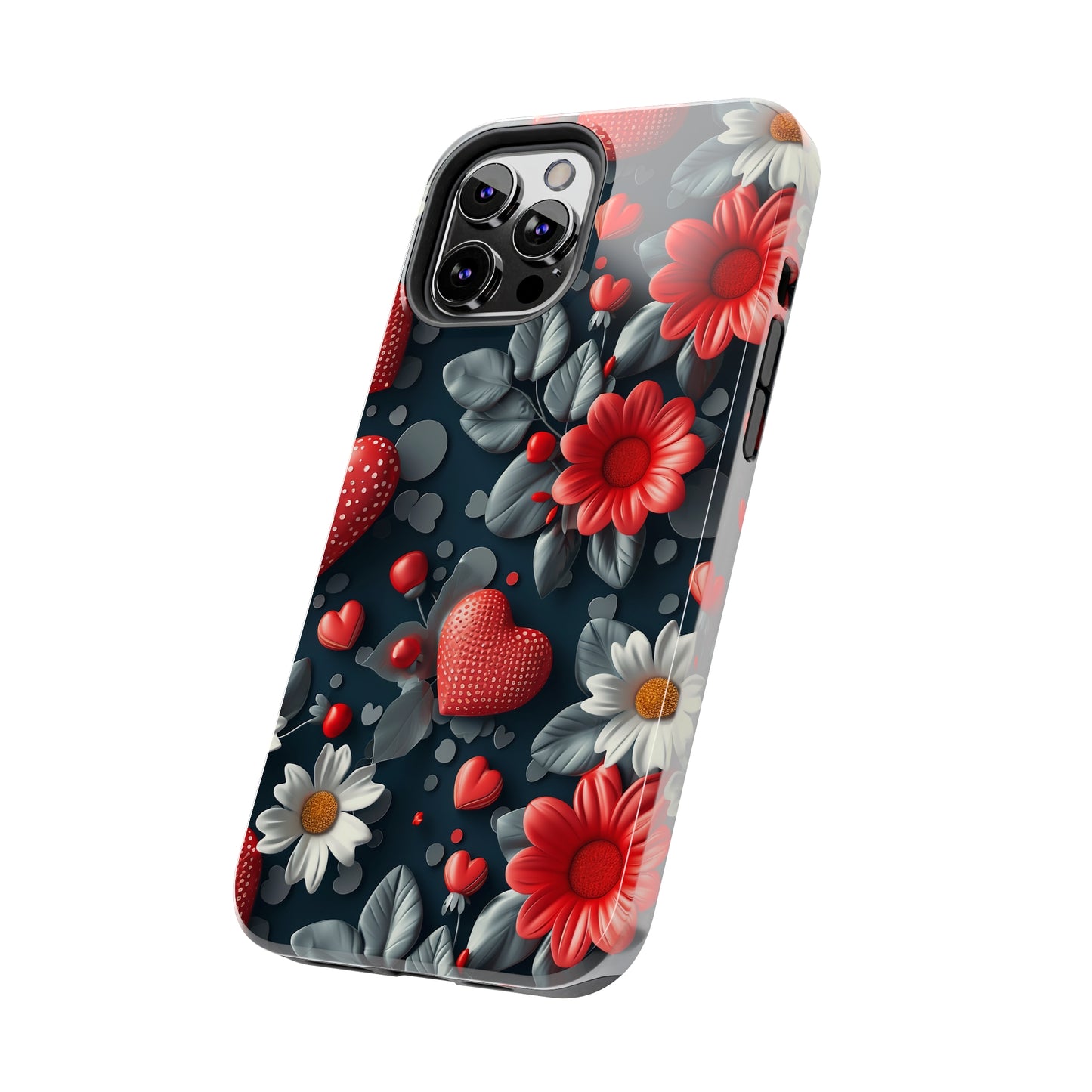 3D Flowers and Red Hearts Digital print Design Tough Phone Case compatible with a large variety of iPhone models, Gift, Phone Case