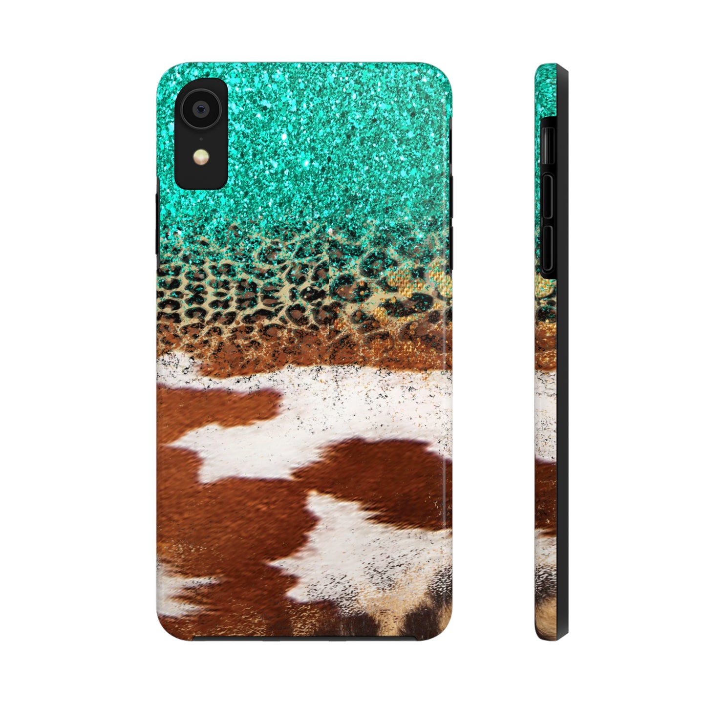 Western Cow Print, Teal, and Leopard print Design Phone Case- Lightweight, Impact Resistant Cover for iPhone 6, 6s, 12, 13, 14, 15