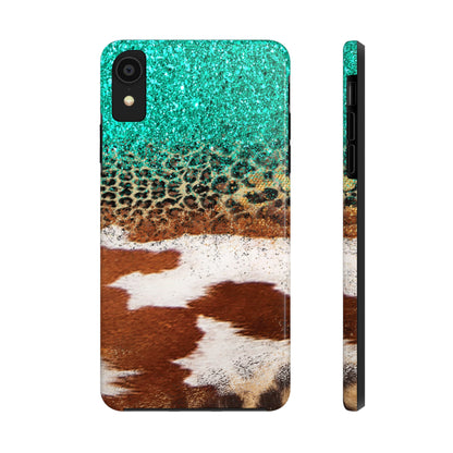 Western Cow Print, Teal, and Leopard print Design Phone Case- Lightweight, Impact Resistant Cover for iPhone 6, 6s, 12, 13, 14, 15